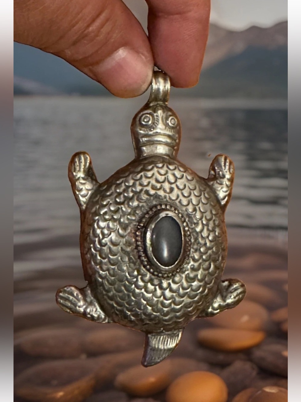Vintage Handcrafted Turtle Pendant,Blue Agate Stone Set In Silver,3.2”in & 33gr